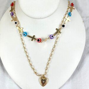 Charming Charlie Gold Tone Hypoallergenic Necklace With Multicolor Beads & Cross